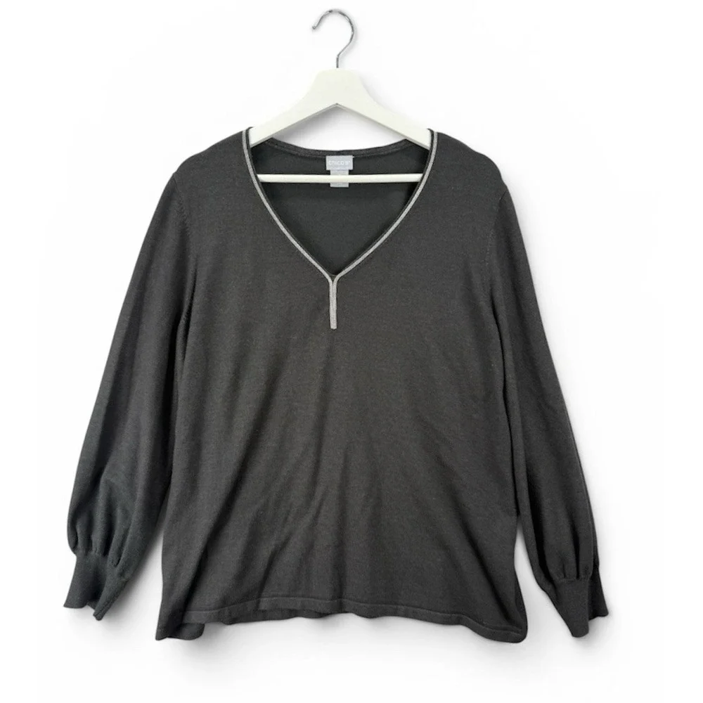 Chico's‎ Black Metallic Trim V-Neck Pullover Sweater Womens Size 3 (XL) Chic